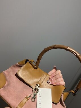 Gucci Pink Suede and Tan Leather Bamboo-Handle Shoulder Bag